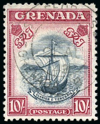 Stamp of Grenada 1938-50 10s Slate-Blue & Bright Carmine (narrow frame) perf.12 with "Madame Joseph" forged cancellation