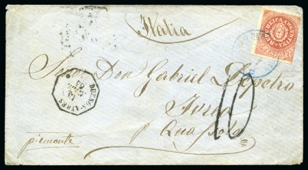 Stamp of Argentina » General issues 1864 (April 13). Envelope from Rosario to Ivrea, Italy, franked by 1865 5c rose red