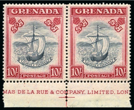 Stamp of Grenada 1938-50 10s Steel Blue & Bright Carmine (narrow frame) perf.14 in mint nh lower marginal pair with large part printer's imprint