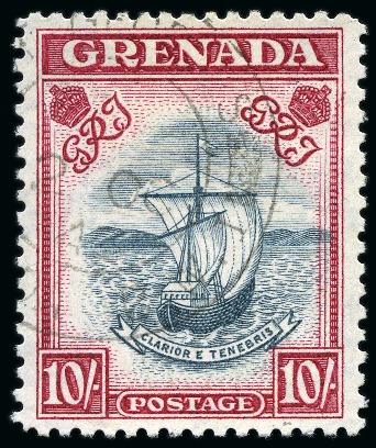 Stamp of Grenada 1938-50 10s Slate-Blue & Bright Carmine (narrow frame) perf.12 with "Madame Joseph" forged cds