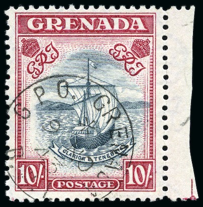 Stamp of Grenada 1938-50 10s Slate-Blue & Bright Carmine (narrow frame) perf.12 with "Madame Joseph" forged 9 NO 43 cds