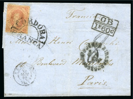 Stamp of Argentina » General issues 1865 (Sept). Folded cover from Córdoba to Paris, paying internal postage with 1865 Third Printing 5 c. red-brown