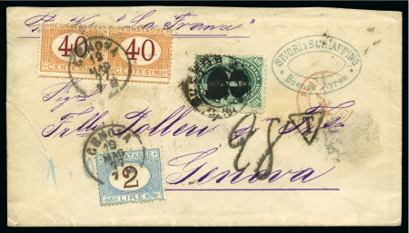 Stamp of Argentina » General issues 1877 (April). Envelope from Buenos Aires to Genoa, franked by 1877 8c on 10c green, Italian des 40c pair and 2l