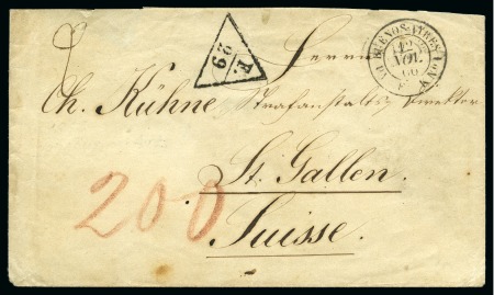 Stamp of Argentina » Postal History 1866 (Oct). Envelope to St. Gallen, Switzerland, 'BUENOS-AYRES/PAQ. FR. K N°1' cds, rare French 'F./29' triangular marking,