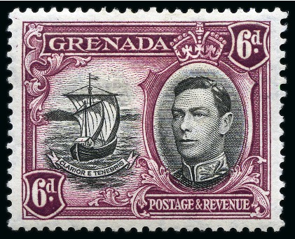 Stamp of Grenada 1938-50 6d Black & Purple showing variety "extra window and broken handrail", mint hr