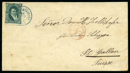 Stamp of Argentina » General issues 1878 (Sept 16). Envelope from Carcarañá to St. Gallen, 1878 16c green, tied by "CARCARAÑA" blue cds