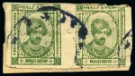 Stamp of Indian States » Kishengarh 1943-47 1/2a deep green (1944) imperf pair, 1/2a yellow-green (1946) strip of three and 1a carmine red (1944) imperf. vertical pair