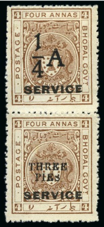 Stamp of Indian States » Bhopal OFFICIALS: 1935-36 1/4a on 4a chocolate unused vertical se-tenant pair with 3p on 4a
