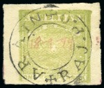 Stamp of Indian States » Kishengarh 1899-1900 1a green imperf used with Arain / Raj P.O cachet and red manuscript date 18-9-99, very fine, plus unused