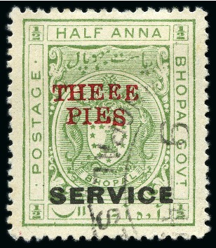Stamp of Indian States » Bhopal OFFICIALS: 1935-36 3p on 1/2a yellow-green showing variety "THEEE" for "THREE", used