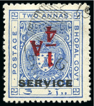Stamp of Indian States » Bhopal OFFICIALS: 1935-36 1/4a on 2a ultramarine showing variety surcharge inverted, used