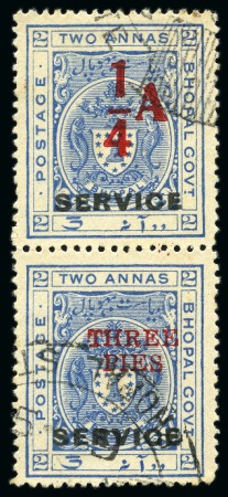Stamp of Indian States » Bhopal 1935-36 1/4a on 2a ultramarine in used vertical se-tenant pair with 3p on 2a