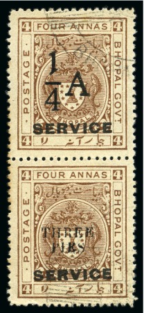 Stamp of Indian States » Bhopal OFFICIALS: 1935-36 1/4a on 4a chocolate in used vertical se-tenant pair with 3p on 4a