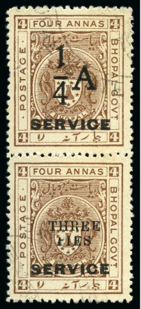 Stamp of Indian States » Bhopal OFFICIALS: 1935-36 1/4a on 4a chocolate in used vertical se-tenant pair with 3p on 4a
