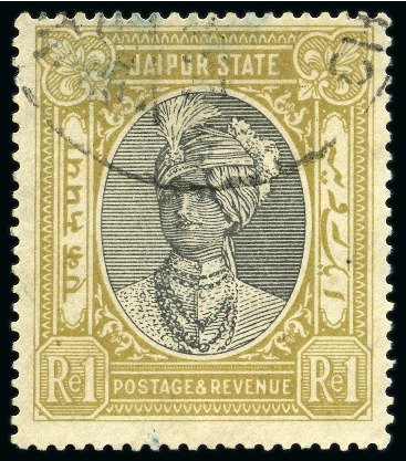 Stamp of Indian States » Jaipur 1931-46 1r black and yellow-bistre used with partial cds