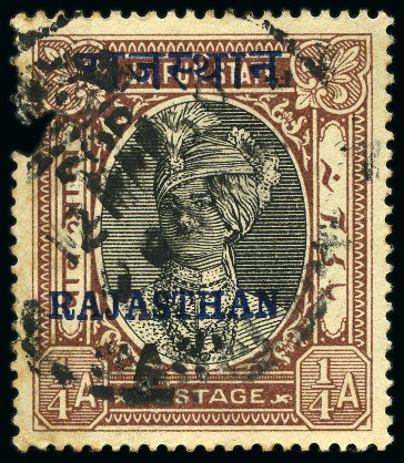 Stamp of Indian States » Rajasthan 1950 1/4a black and brown-lake, 1/2a black and violet, 3/4a black and brown-red & 1a black and blue used group