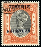 Stamp of Indian States » Rajasthan 1950 1/4a black and brown-lake, 1/2a black and violet, 3/4a black and brown-red & 1a black and blue used group