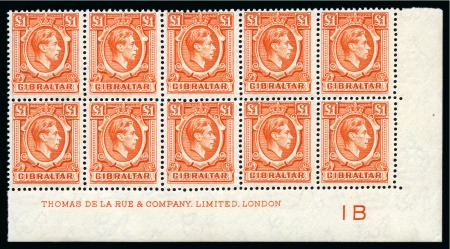 Stamp of Gibraltar 1938-51 £1 Orange in mint nh lower right corner marginal plate block of 10 with complete De La Rue printer's inscription