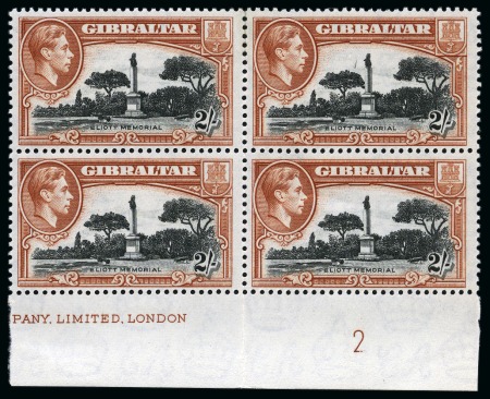 Stamp of Gibraltar 1938-51 2s Black & Brown perf.13 showing variety "broken R" in mint lower marginal block of four