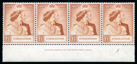 Stamp of Gibraltar 1948 Silver Wedding £1 in mint nh lower marginal strip of four with Bradbury Wilkinson printer's imprint and plate number 1