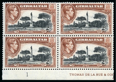 Stamp of Gibraltar 1938-51 2s Black & Brown perf.13 showing variety "bird on memorial" in mint nh lower marginal block of four