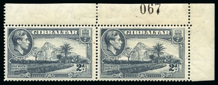 Stamp of Gibraltar 1938-51 2d Grey perf.14 showing variety "ape on rock" in mint nh top right corner marginal pair with sheet number