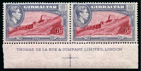 Stamp of Gibraltar 1938-51 1d perf.14, 6d perf.14, and 2s perf.13 in mint nh lower marginal pairs with complete De La Rue printer's imprint