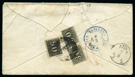 Stamp of Brazil » 1850-66 Upright Figures 1866 (Jan). Envelope to Kreuznach, Prussia, bearing on reverse 1850 30r pair, cut into at top right, and well margined 90r