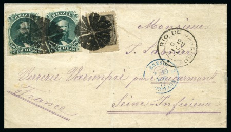 Stamp of Brazil » 1866-83 Dom Pedro 1877 (Oct 29). Folded cover from Rio de Janeiro to Foucarmont, franked at single UPU rate with 1866 perf. 60r in combination with 1876-77 100r pair