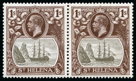 Stamp of St. Helena 1922-37 1s Grey & Brown showing variety "torn flag", in mint hr pair with normal