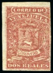 Stamp of Venezuela 1859, 2r red, Coarse Printing, upper left corner-sheet example, embossed coat of arms