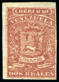 Stamp of Venezuela 1859, 2r red, Coarse Printing, upper left corner-sheet example, embossed coat of arms