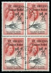 Stamp of St. Helena 1961 Tristan Relief Fund set of four in BLOCKS OF FOUR with "ST. HELENA" OC 12 61 cds on the FIRST DAY OF ISSUE