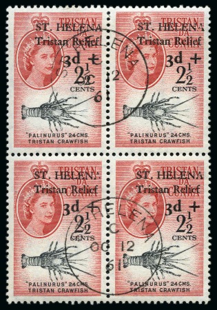 Stamp of St. Helena 1961 Tristan Relief Fund set of four in BLOCKS OF FOUR with "ST. HELENA" OC 12 61 cds on the FIRST DAY OF ISSUE