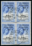 Stamp of St. Helena 1961 Tristan Relief Fund set of four in BLOCKS OF FOUR with "ST. HELENA" OC 12 61 cds on the FIRST DAY OF ISSUE