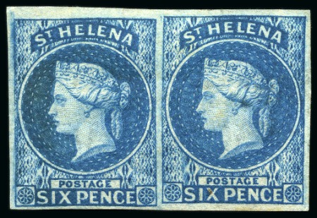 Stamp of St. Helena 1856 6d Blue imperf. mint horizontal pair, good to very large margins