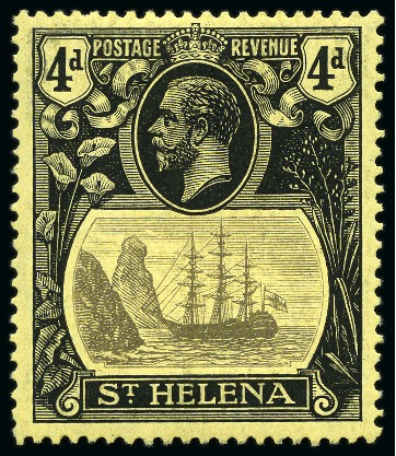 Stamp of St. Helena 1922-37 4d Grey & Black on yellow showing variety "storm over rock", mint 