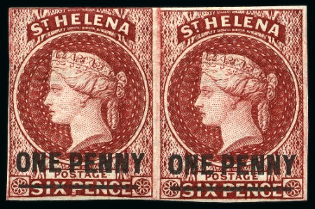 Stamp of St. Helena 1863 1d Lake (type A) mint pair, just clear to good margins