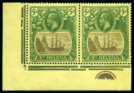 Stamp of St. Helena 1922-37 5s Grey & Green on yellow showing variety "cleft rock" in mint nh lower left corner marginal pair with plate number