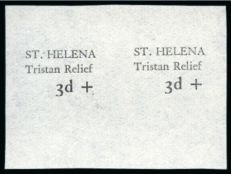 Stamp of St. Helena 1961 Tristan Relief Fund 2 1/2c + 3d surcharge proof in black on wove paper, horizontal pair