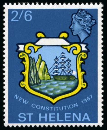 Stamp of St. Helena 1967 New Constitution 2s6d showing variety RED OMITTED, mint nh