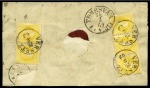 Stamp of Austria » 1867 Issue used in Hungary 1869 (26.2) Folded entire from Versetz to Arad, franked 1867 5kr. red on front, plus 2kr. yellow, pair and strip of three