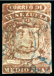 Stamp of Venezuela 1859-60, Coarse Impression 1/2r red used ERROR OF COLOUR, 