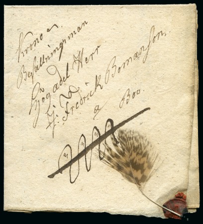 Stamp of Sweden 1809 Folded entire to Boo'hon, showing manuscript four symbols of Swedish Crown and complete dark feather attached
