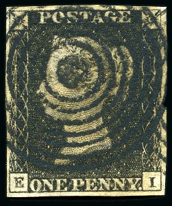 Stamp of Great Britain » Line Engraved Essays, Plate Proofs, Colour Trials and Reprints CONCENTRIC CIRCLE TRIAL CANCELLATION: 1840 1d Black pl.7 EI with good even margins, with the concentric circle trial cancellation