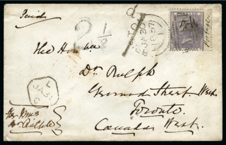 Stamp of Great Britain » 1854-1900 Postal History of the Perforated Line Engraved and Surface Printed Issues 1857 (Jan 30) Envelope to Canada franked with an 1855-57 6d Lilac pl.1 tied by a Bristol sideways duplex