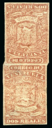 Stamp of Venezuela 1859, First Coarse Impression 2r red, mint vertical tête-bêche pair
