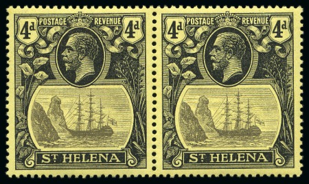 Stamp of St. Helena 1922-37 4d Grey & Black on yellow showing variety "torn flag" in mint nh pair with normal