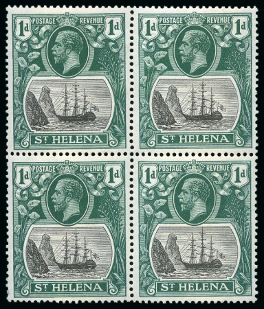 Stamp of St. Helena 1922-37 1d Black & Green from the 1937 printing showing varieties "broken mainmast" or "cleft rock" in two mint nh blocks of four,