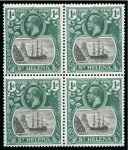 Stamp of St. Helena 1922-37 1d Black & Green from the 1937 printing showing varieties "broken mainmast" or "cleft rock" in two mint nh blocks of four,